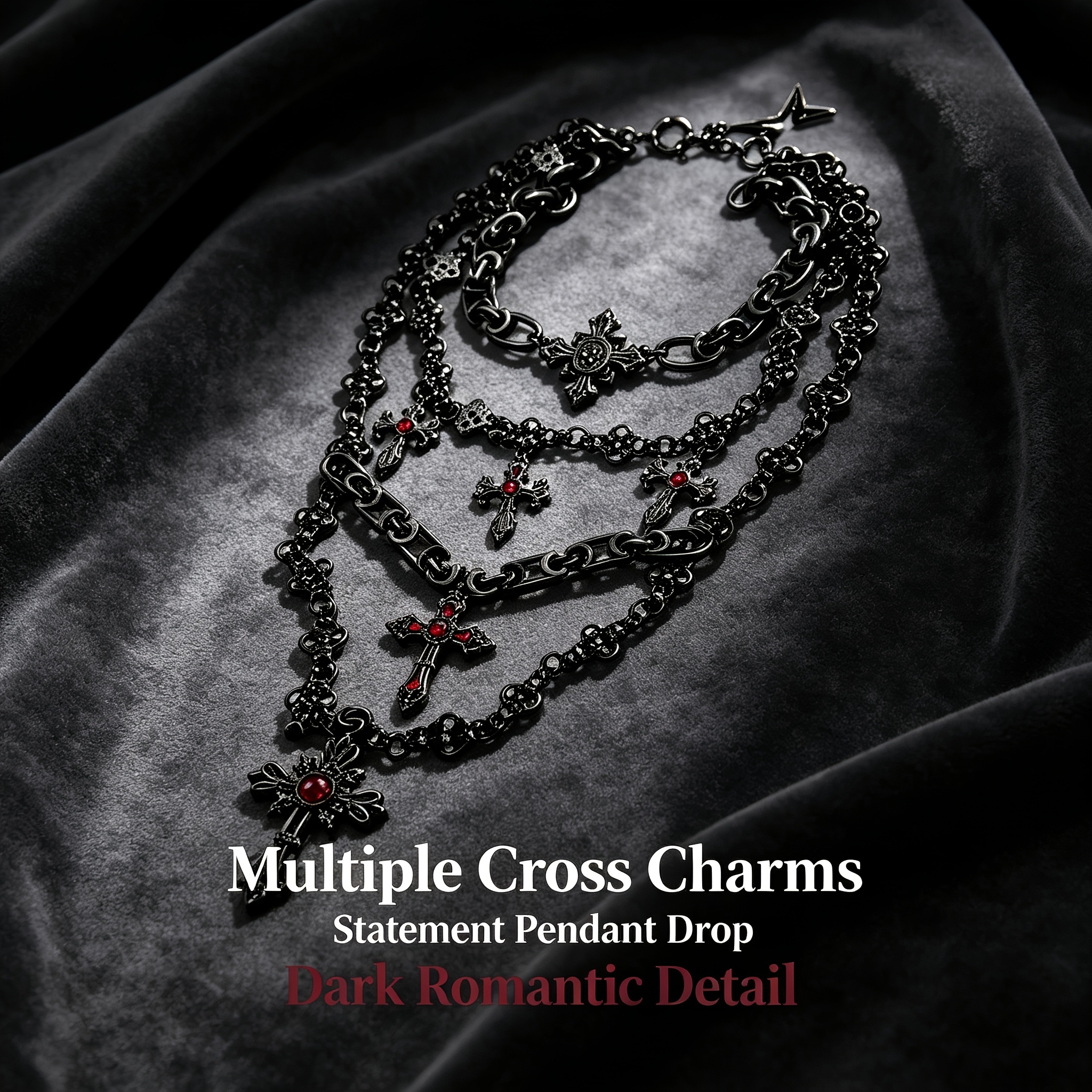 Women's Antique Black Gunmetal Multi-Layer Cross Necklace